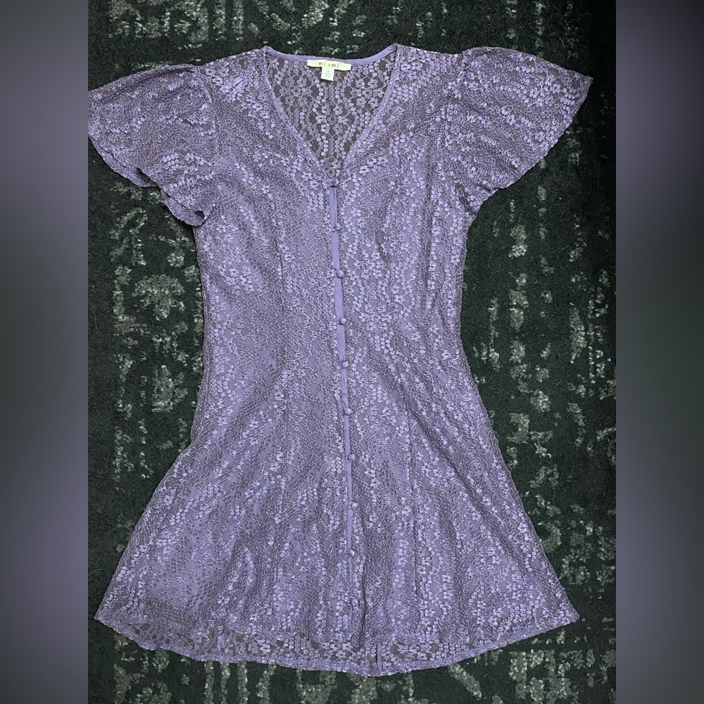 Francesca’s Miami purple lace button up dress